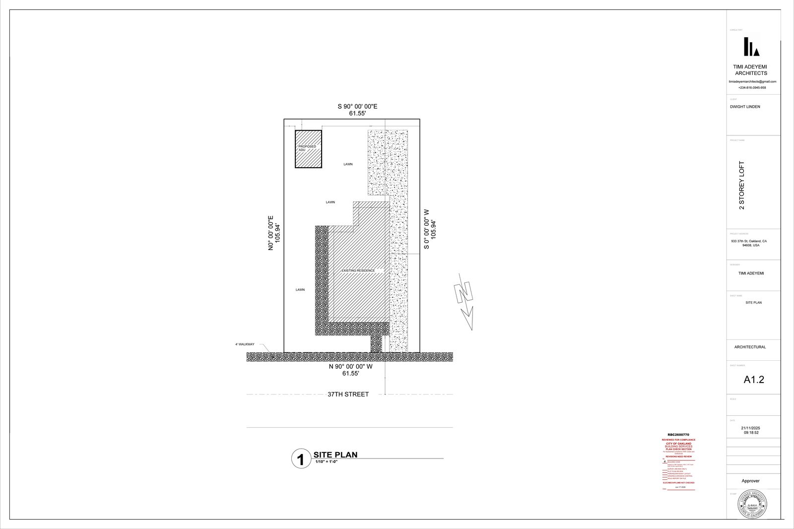 ADU site plan showing the proposed unit location on the 933 37th Street lot