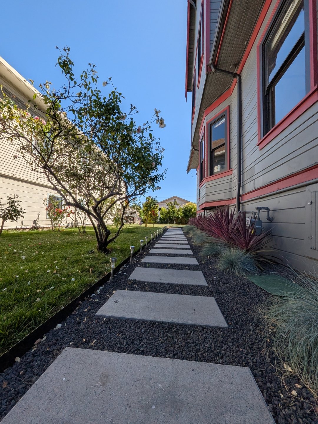 Landscaped side-yard walkway with ornamental grasses